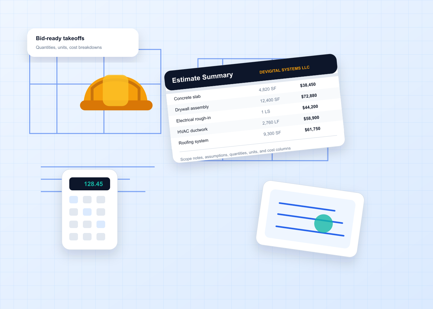 Construction blueprints with calculator and measuring tools for project estimating
